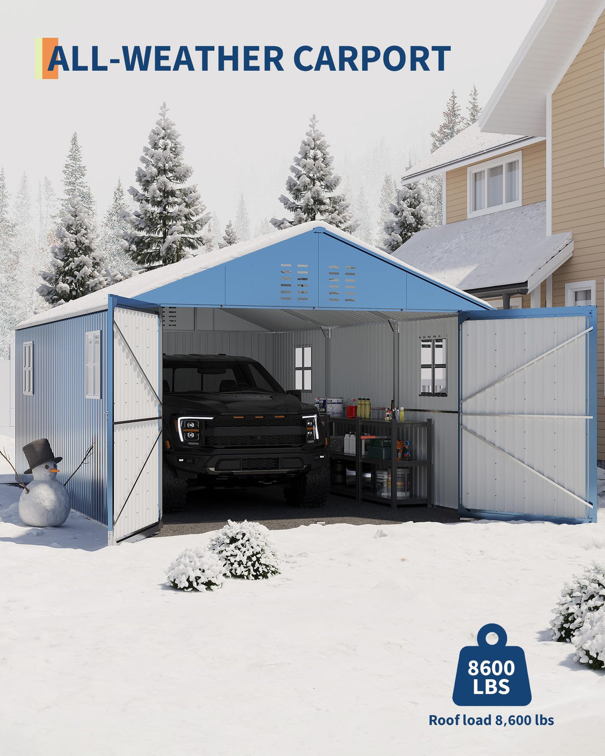 GarveeLife 12x20 FT Metal Carport, Enclosed Car Port with Reinforced Frame and Steel Roof for All-Weather Use, Metal Garage Shed for Full-Sized Pickup Trucks GarveeLife