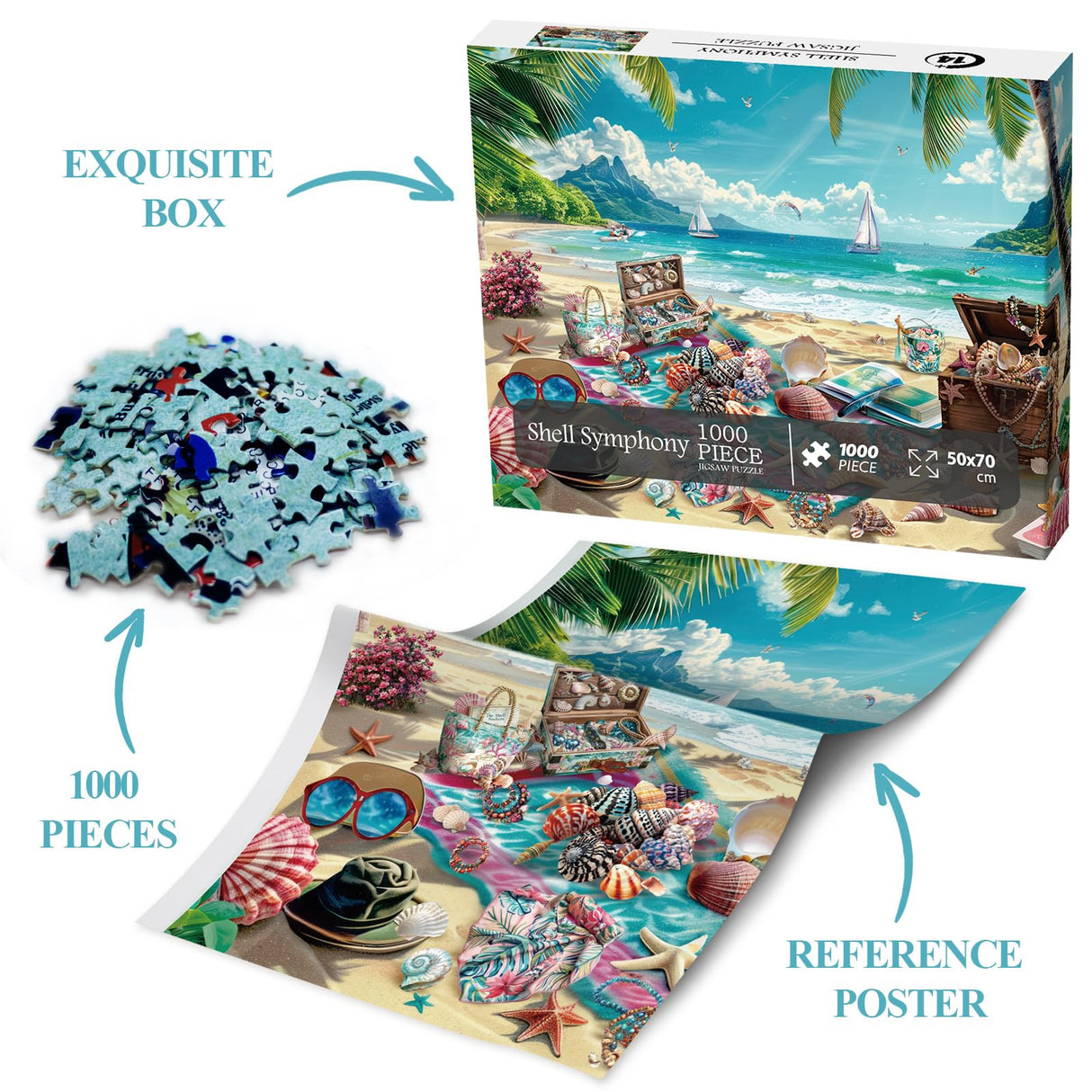Summer Beach Seashell Puzzle Collection for Adults 1000 Piece, Hawaii Nature Scenery Jigsaw Puzzle Sea, Colorful Ocean Camping Puzzle BBOLDIN