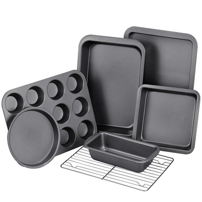 KITESSENSU Baking Pans Sets, Nonstick Bakeware Sets 7-Piece with Round/Square Cake Pan, Loaf Pan, Muffin Pan, Cookie Sheet, Roast Pan, Cooling Rack, Carbon Steel Bake Set