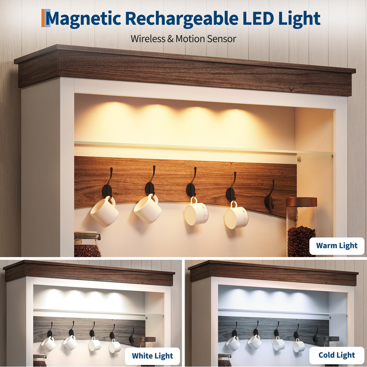 Coffee Bar Cabinet with LED Light, 72" Tall Farmhouse Coffee Bar Hutch with Storage, Sideboard Buffet Cabinet with Microwave Stand/Glass Shelf/6 Hooks/3 Drawers for Kitchen Living Dining Room, White GarveeHome