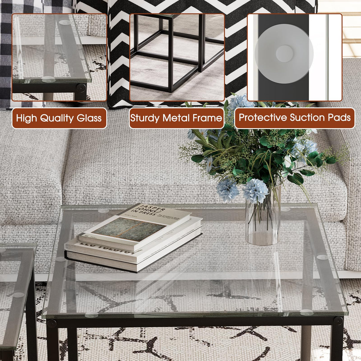 VILAWLENCE Coffee Table Set of 2, Modern Black Glass Side Table, Metal Frame Square End Table, Center Tables,Nesting Coffee Table for Living Room,Bedroom and Small Spaces VILAWLENCE