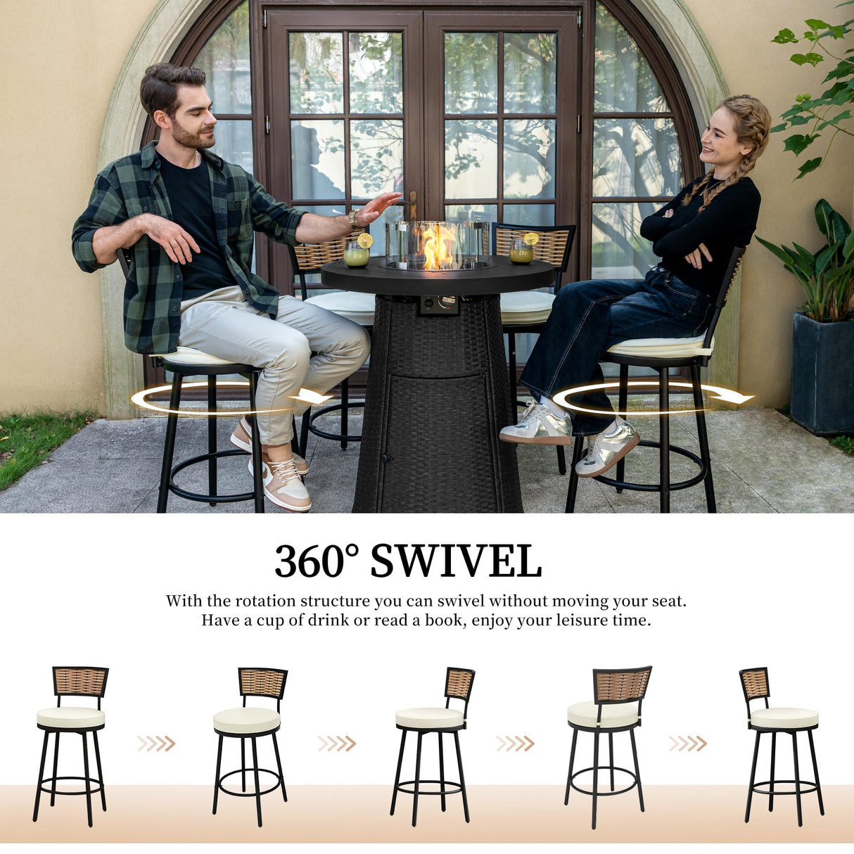 PIZZELLO 5-Piece Patio Swivel Bar Set with 37" Height Propane Round Firepit Table and High Swivel Stools Chair Set of 4, Outdoor High Top Bistro Set for Poolside, Garden, Balcony(Black) PIZZELLO