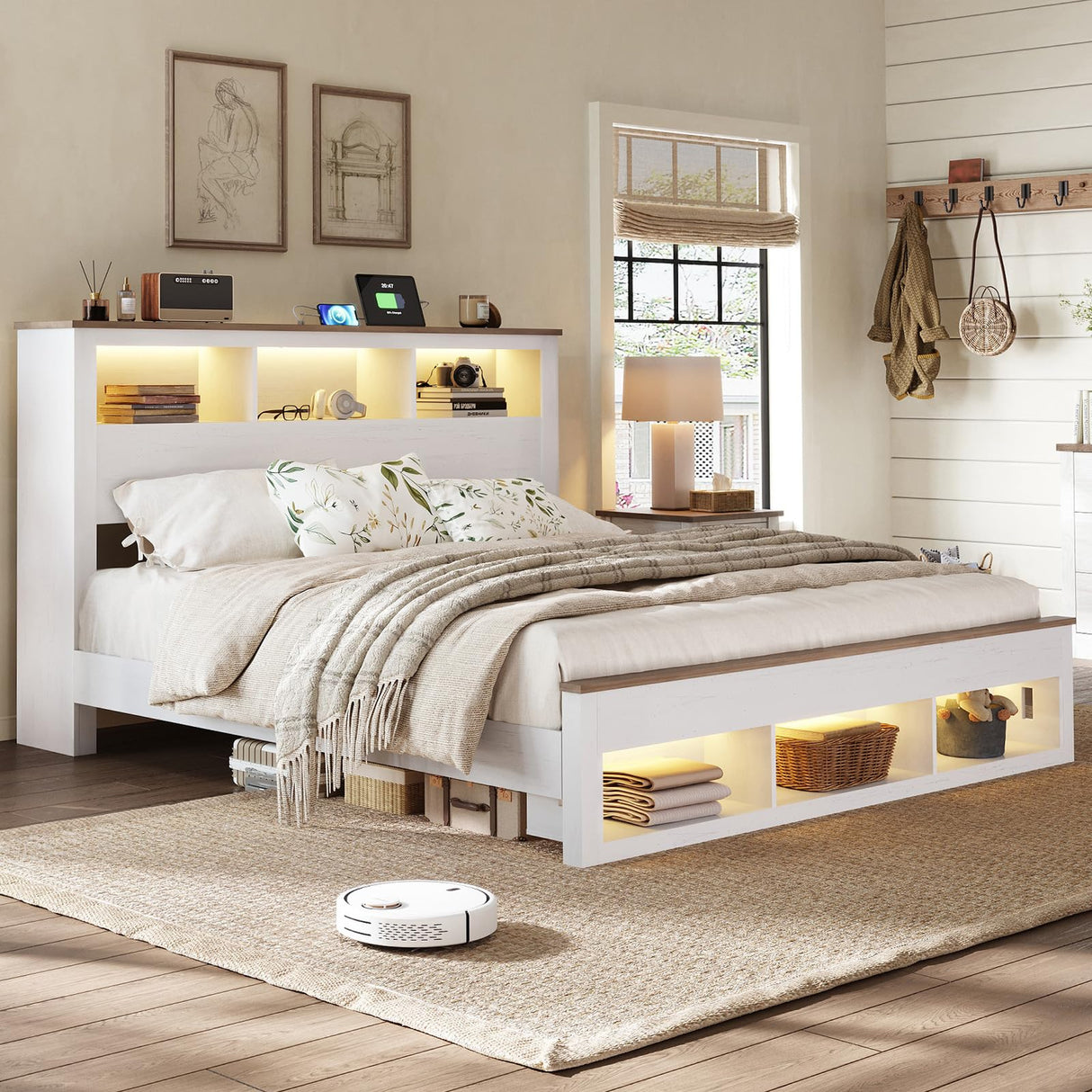 Albott King Size Farmhouse Bed Frame with Storage Bookcase Headboard and Footboard, Storage Wood Platform Bed Frame with Wood Slats Support, Noiseless LED Bed Frame, No Box Spring Needed, White Albott