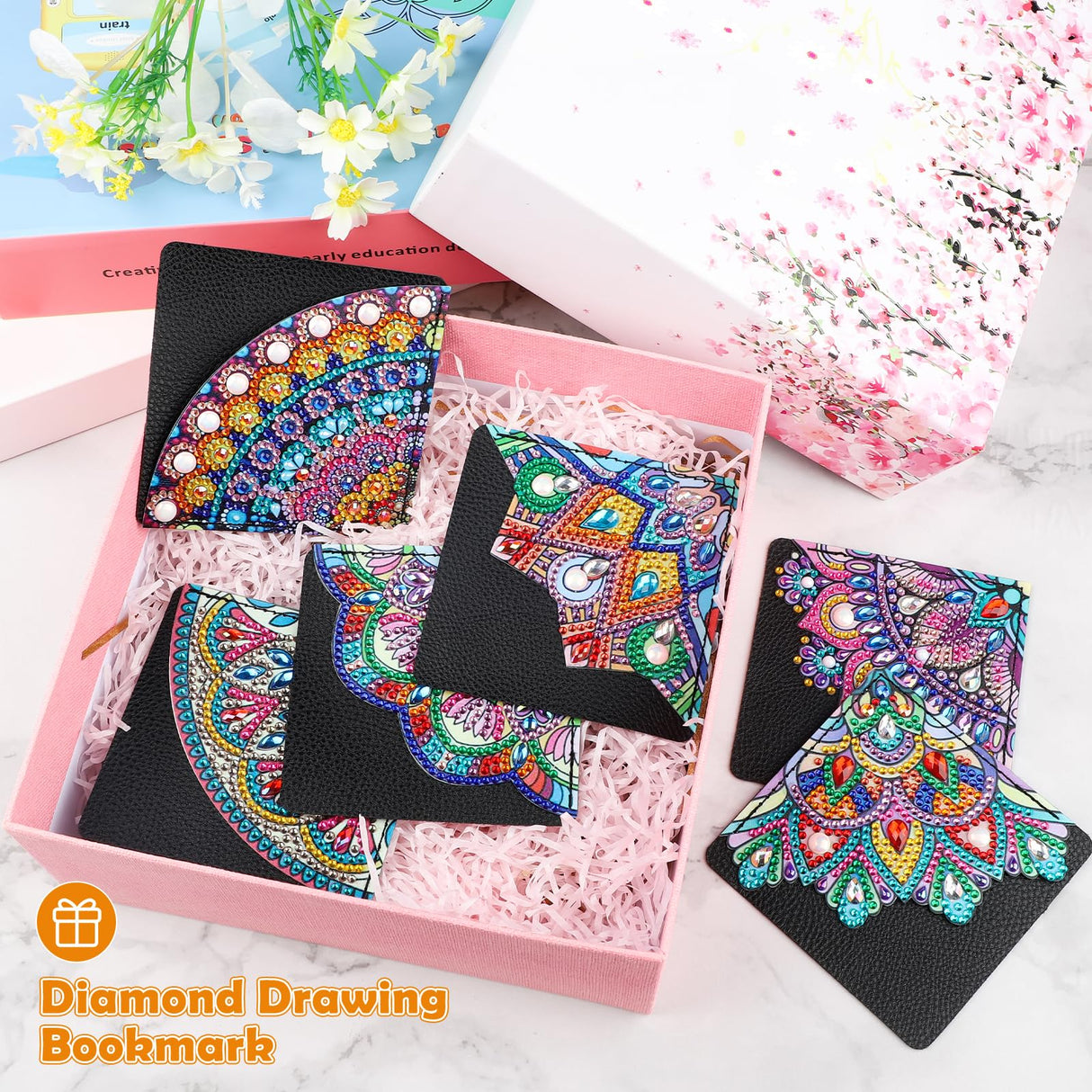 MXJSUA 6 Pcs DIY Diamond Art Painting Corner Bookmarks, Hand Corner Book Marks Gem Painting Art PU Leather Triangle Bookmarks for Home Office School Beginner Adults Reading Crafts Kit Book Lovers MXJSUA