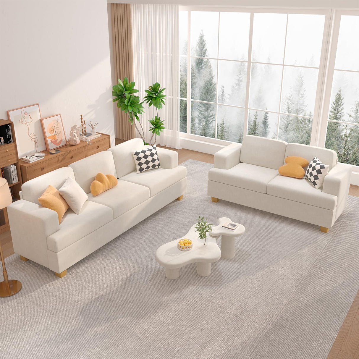 Fiona's magic 5 Seats Sofa Set, 2 Piece Set Comfy Couch, 3 Seater & Loveseat Sofa with Deep Seats for Living Room, Modern Sleeper Couch, White Chenille Fiona's magic