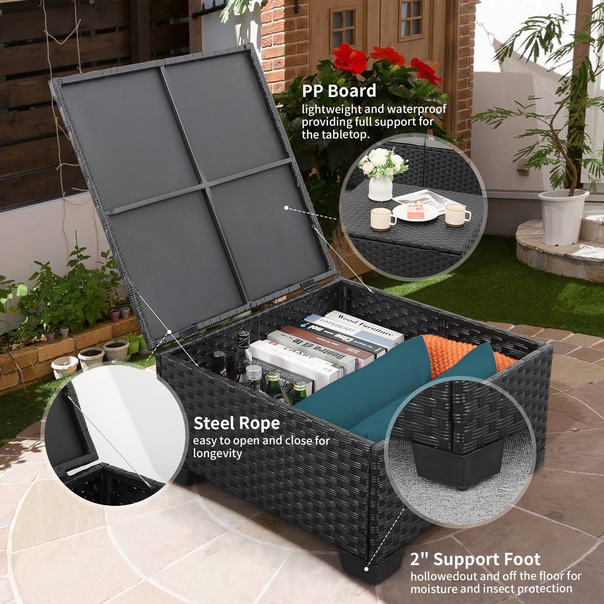 Rattaner Outdoor Furniture Set 3 Pieces Wicker Patio Furniture Outdoor Sectional Patio Couch Outdoor Coffee Table with Storage All-Weather No-slip Cushions Waterproof Covers, Peacock Blue Rattaner