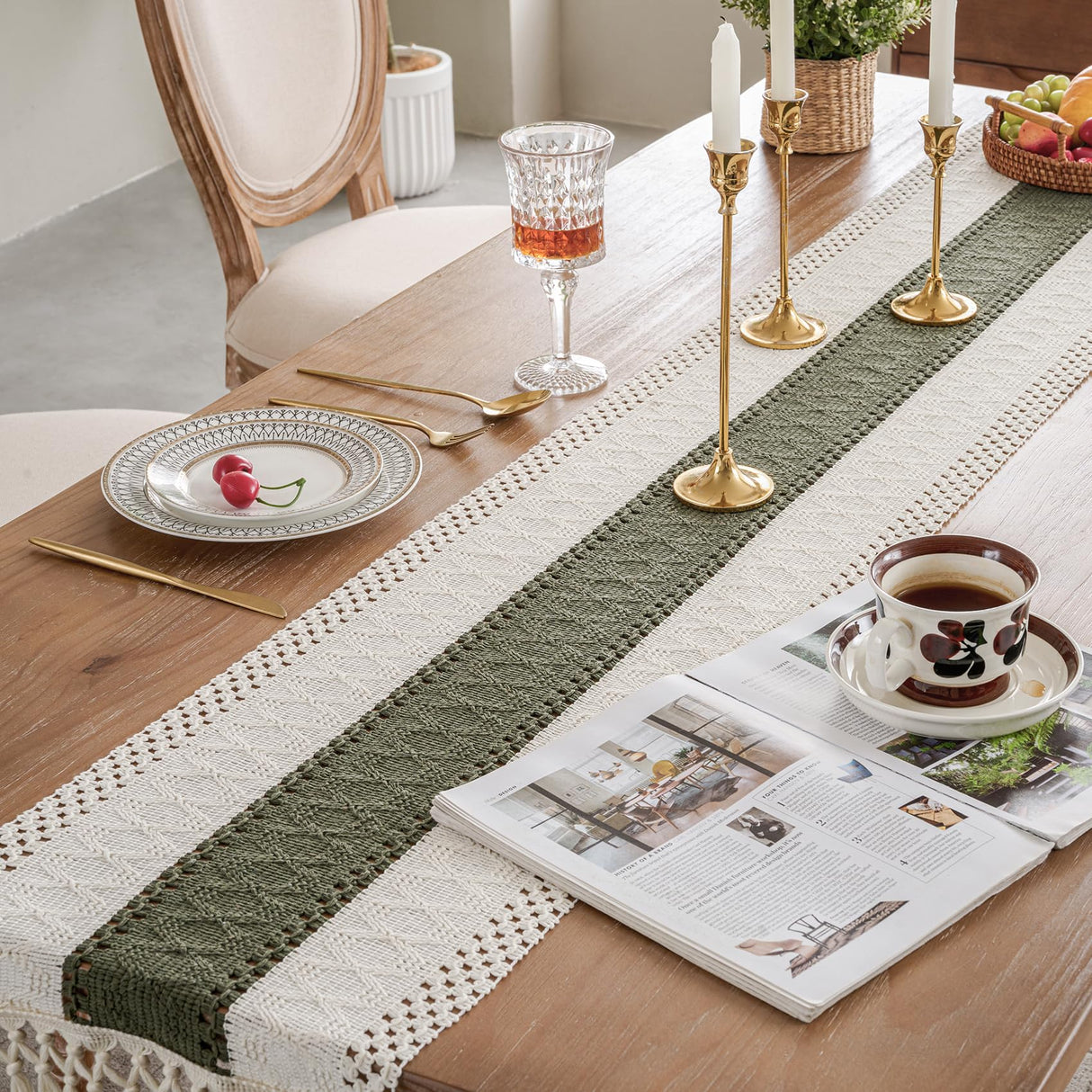 duduta Sage Green Macrame Table Runner 72 inch Long, Rustic Farmhouse Dresser Covers Boho Summer Coffee Table Decor duduta