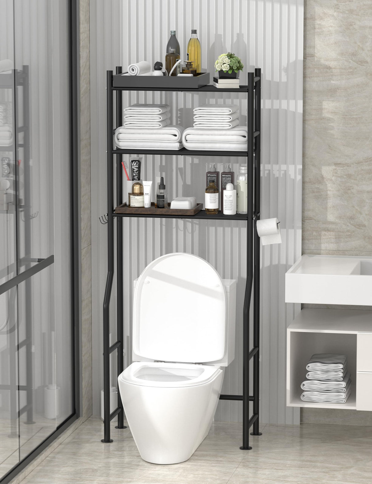 Livilord 3-Tier Over The Toilet Storage, Freestanding Metal Bathroom Shelves with 4 Hooks, Over Toilet Storage Shelf with Paper Holder, Above The Toilet Shelf for Bathroom Storage, Black Livilord