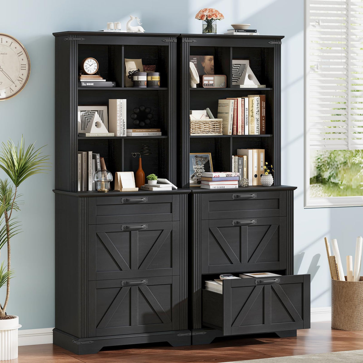 Vabches Farmhouse Bookshelf with 3 Large Drawers, 70" Tall Bookcase with 5-Cube Storage Organizer, 3 Tier Wood Display Storage Cabinet for Home Office, Living Room, Rustic Black Vabches