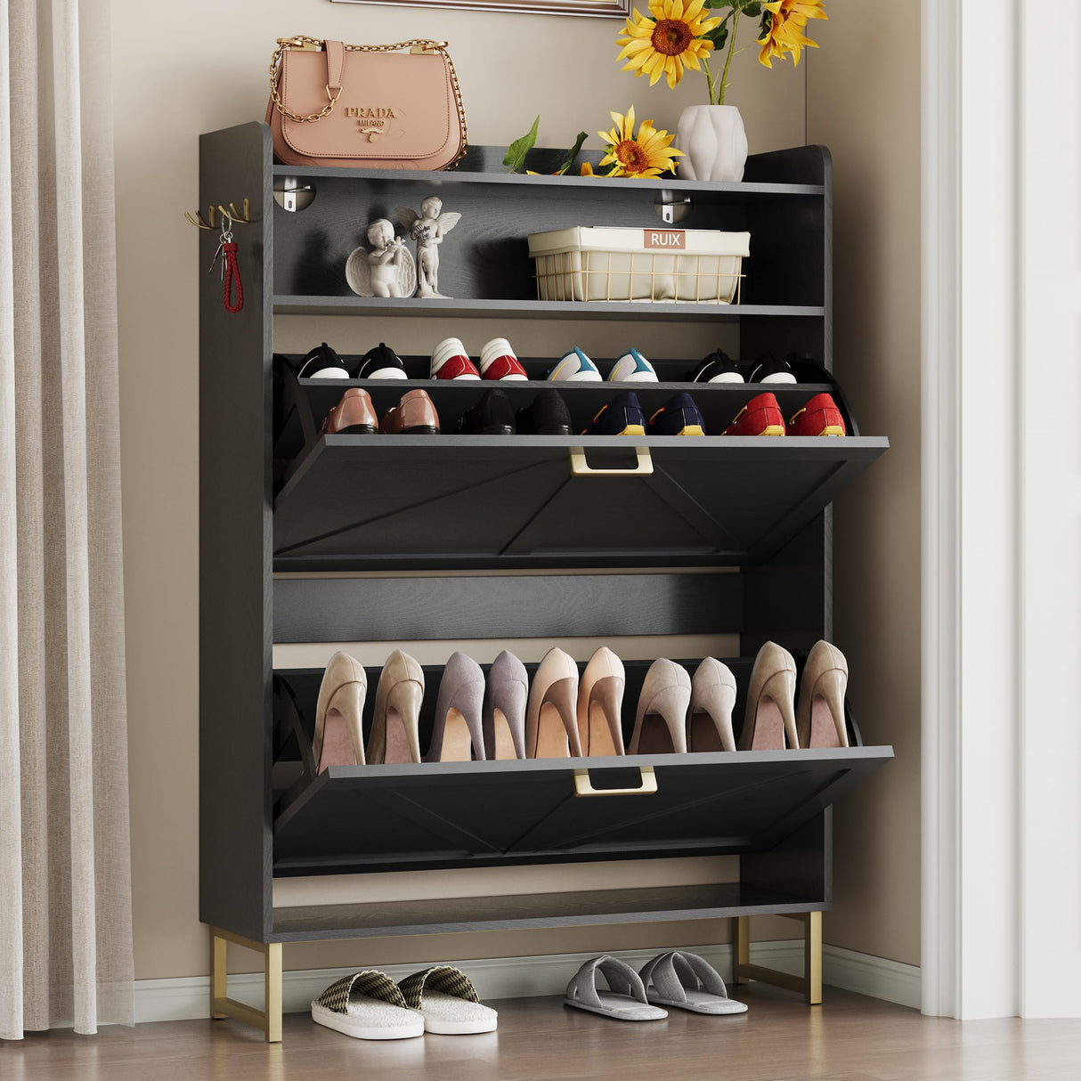 BORNOON Shoe Cabinet with 2 Flip Drawers Narrow Shoe Storage Cabinet Organizer Wooden Freestanding Rack Hidden Slim Storage for Entryway, Hallway, Living Room, Bedroom (Black) BORNOON