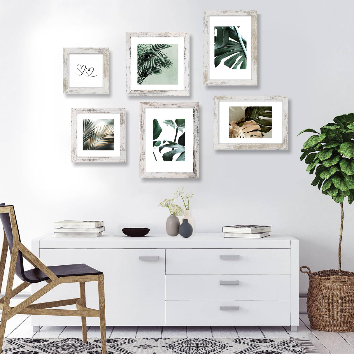 Hongkee 8x12 Picture Frame Set of 4, Made of Glass and Distressed White Wooden Frame - Display 6x8 Picture with Mat or 8 x 12 Poster Without Mat, 8 by 12 Photo for Wall or Tabletop Hongkee