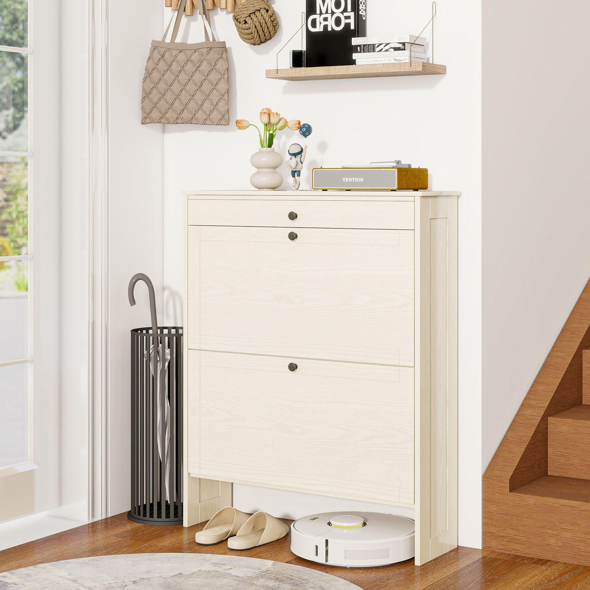 FTZxHKLX Shoe Cabinet with 2 Flip-Up Doors & Drawer, Slim Shoe Cabinet with Adjustable Shelves & Elevated Design, Freestanding Narrow Shoe Storage Organizer for Entryway, Hallway, Foyer, Light Oak FTZxHKLX