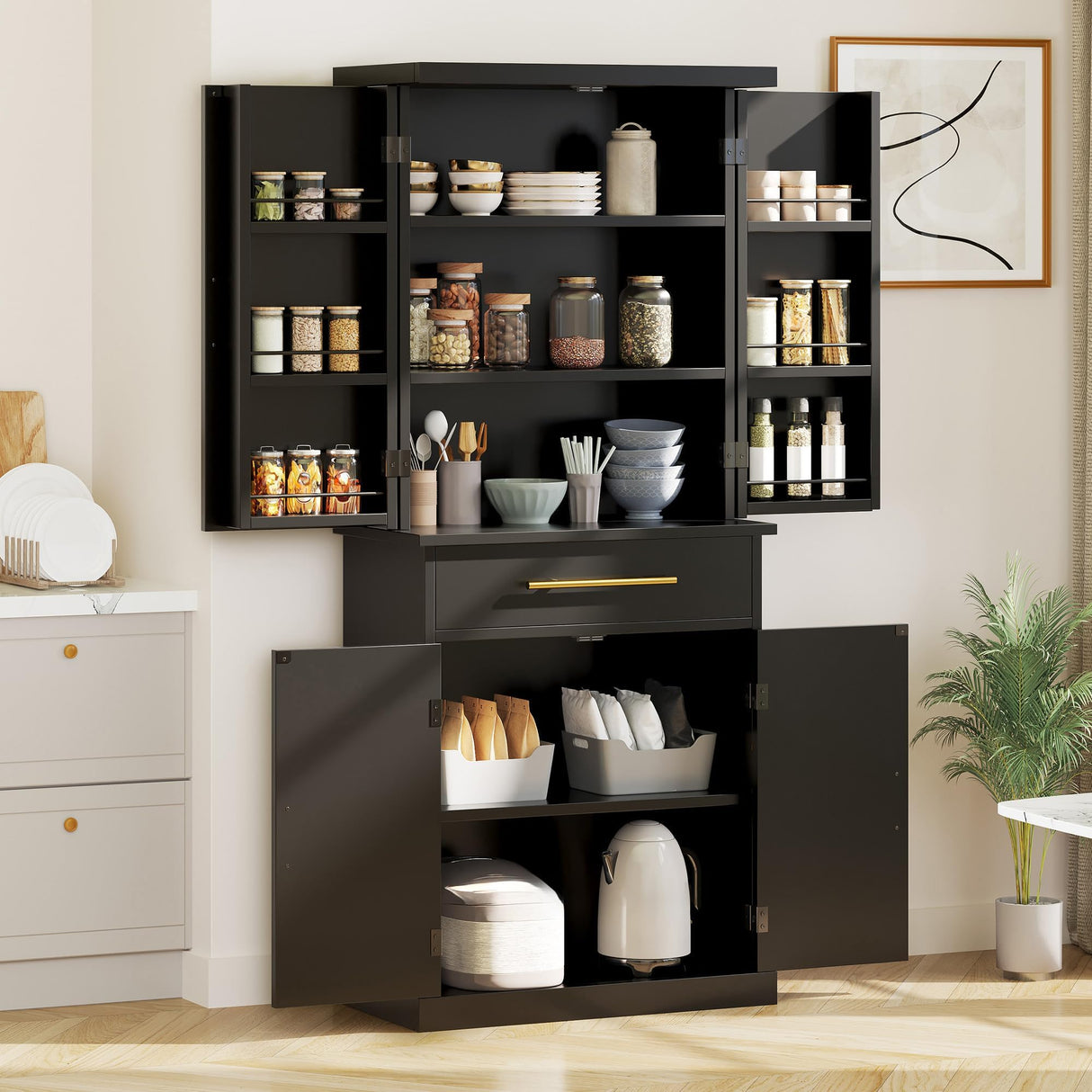 DWVO 72" Kitchen Pantry Storage Cabinet, Tall Modern Food Buffet Cabinets with Drawer & Adjustable Shelves & Door Rack, Freestanding Wood Storage Cupboard for Dining Room, Living Room, Bathroom, Black DWVO