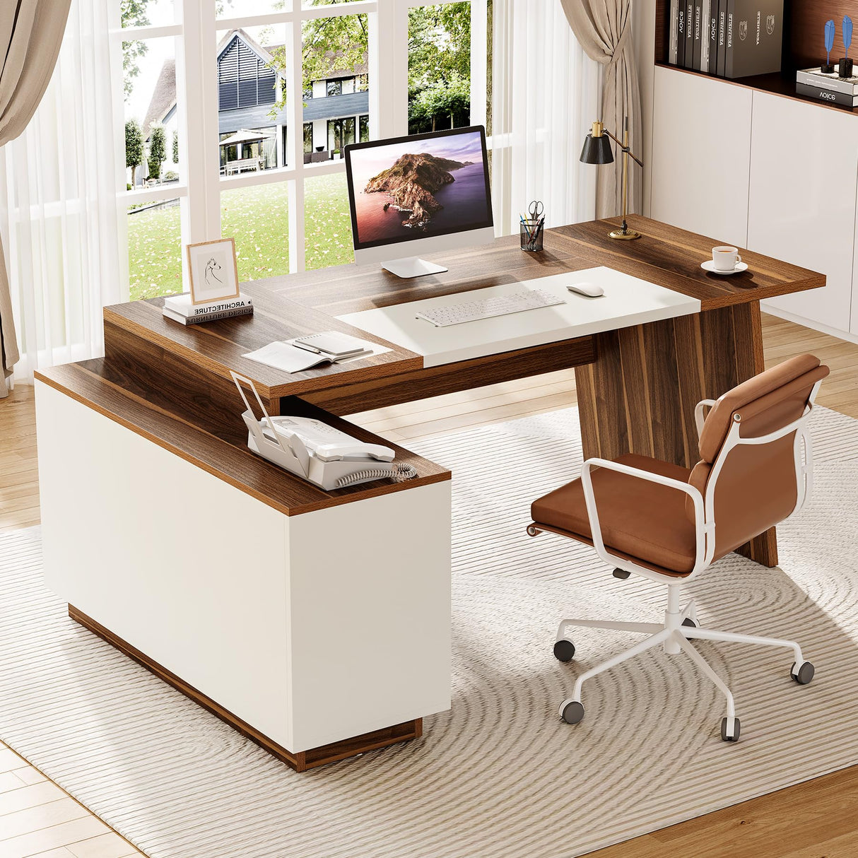 LITTLE TREE 70.5-Inch Executive Desk, Large Home Office Desk with Storage Cabinet and Open Shelves, L-Shaped Computer Corner Desk, Workstation for Office Home, Walnut and Black LITTLE TREE