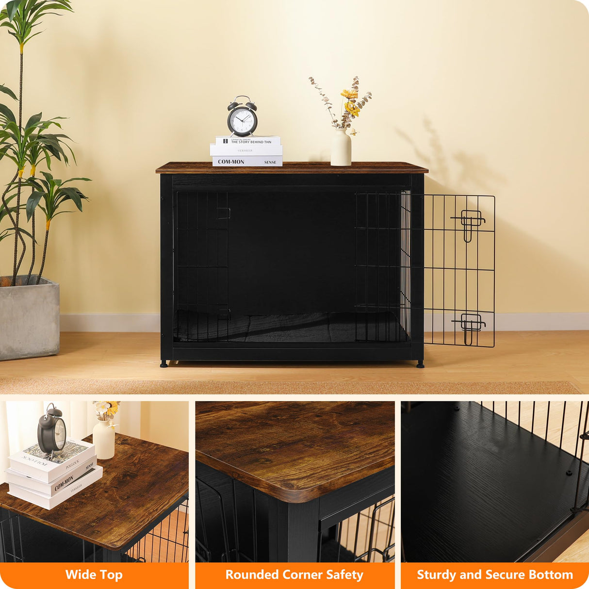 DWANTON Dog Crate Furniture with Cushion, Wooden Kennel Table with Double Doors, Indoor Dog House, Large Size, 38.5" L, Black+Rustic Brown Dwanton