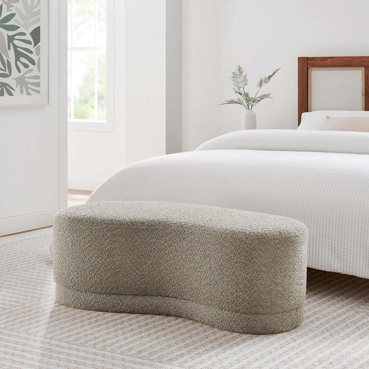 Modway Nimbus 48 Inch Curved Ottoman Bench in Oat - Soft Fabric Chenille Ottoman - Versatile Bedroom Bench - Bouclé Footstool - Upholstered Coffee Table - Bedroom and Living Room Furniture Modway