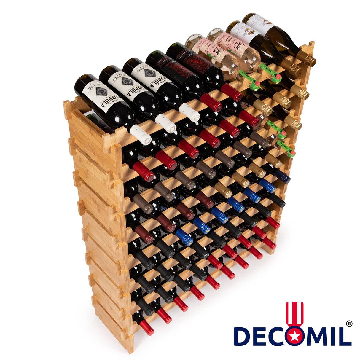DECOMIL - 72 Bottle Stackable Modular Wine Rack Wine Storage Rack Solid Bamboo Wine Holder Display Shelves, Wobble-Free (Eight-Tier, 72 Bottle Capacity) DECOMIL
