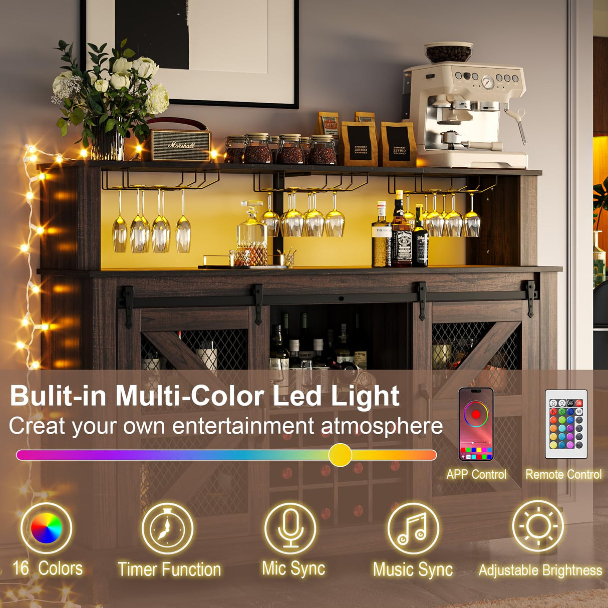 PUKAMI 55" Farmhouse Coffee Bar with LED Lights, Coffee Bar Cabinet with Storage and Hutch, Wine Bar with Sliding Barn Door & Wine and Glass Rack for Living Room, Kitchen (Brown) PUKAMI