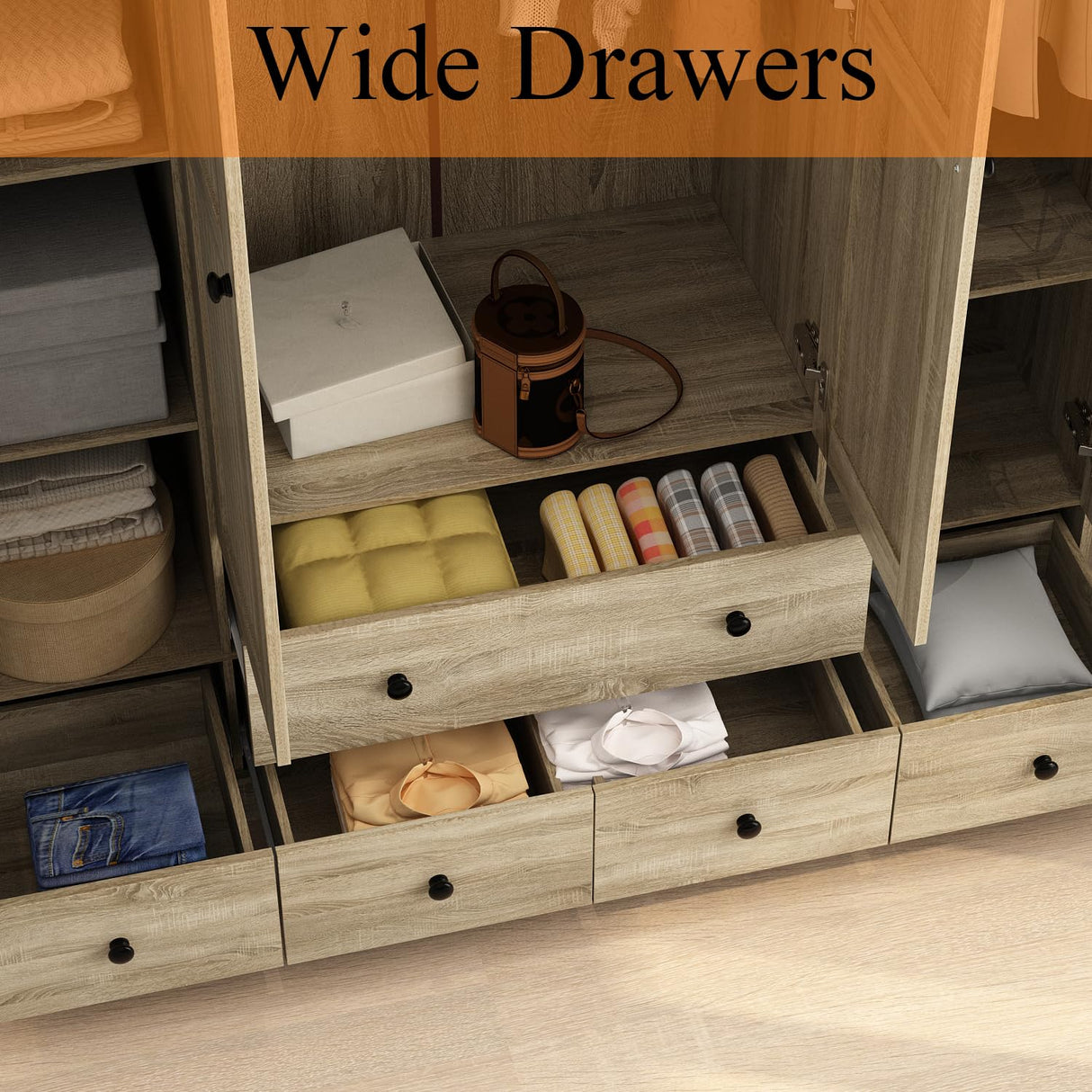 WOODTIME Rattan Armoire Wardrobe Closet with 7 Shelves, 5 Drawers & Hanging Bars, 59" L Wooden Wardrobe Clothes Storage Cabinet for Bedroom, Guest Room, Brown WOODTIME