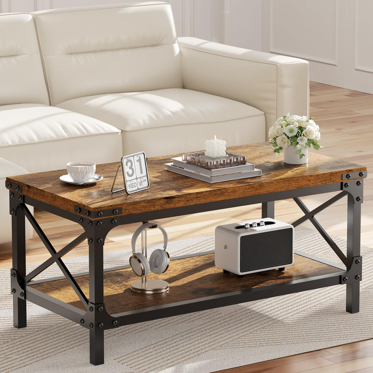 Rectangle Coffee Tables for Living Room, Wood Rectangular Coffee Table, 2 Tier Industrial Modern Center Table with Thickened Tabletop and Metal Frame, 40 inch Long (Rustic Brown) AntsandAnts