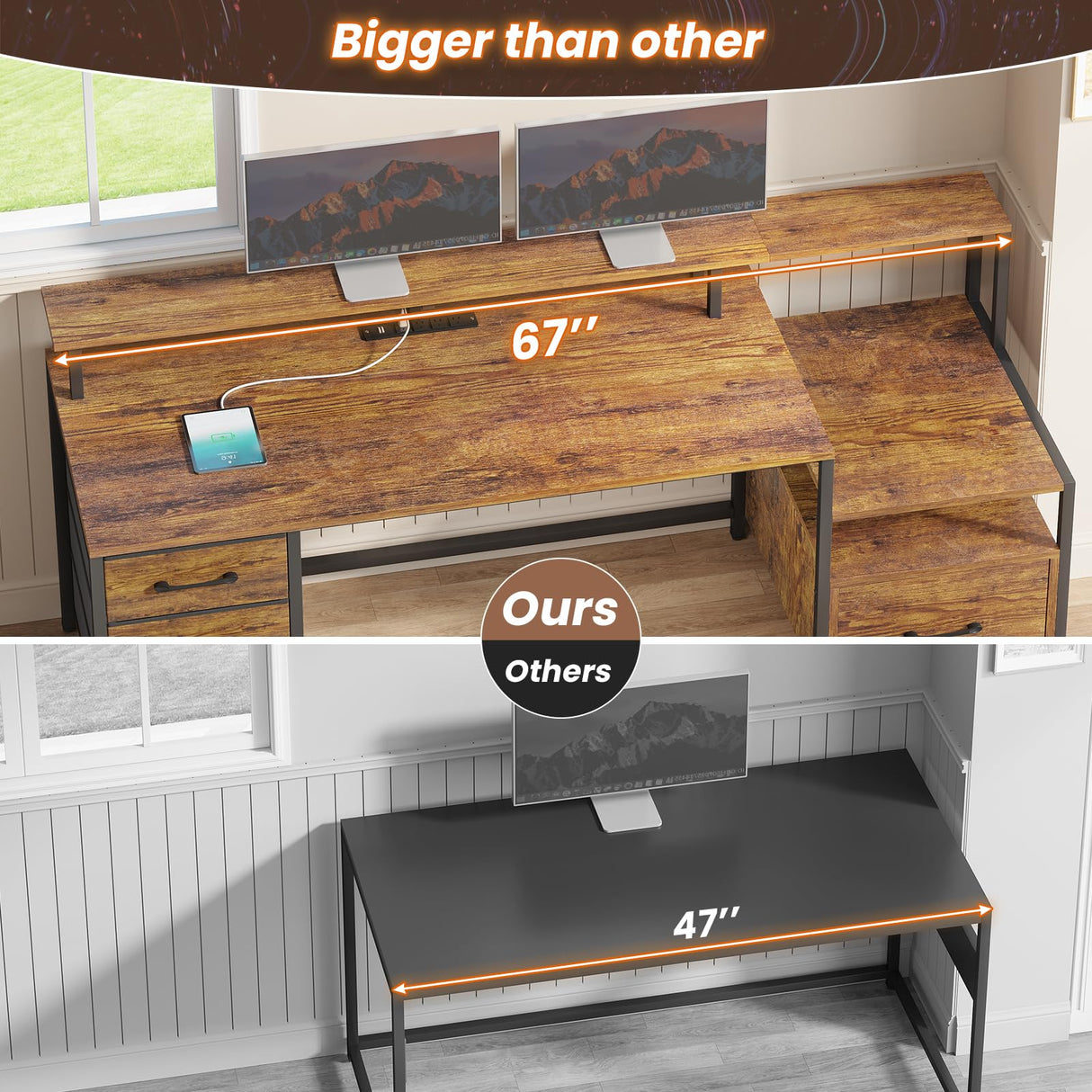 SEDETA Home Office Desk with File Drawer & Power Outlet, 66'' Computer Desk with 5 Drawer, Storage Shelves, Printer Cabinet and Monitor Shelf, Gaming Desk with Led Lights, Rustic Brown SEDETA