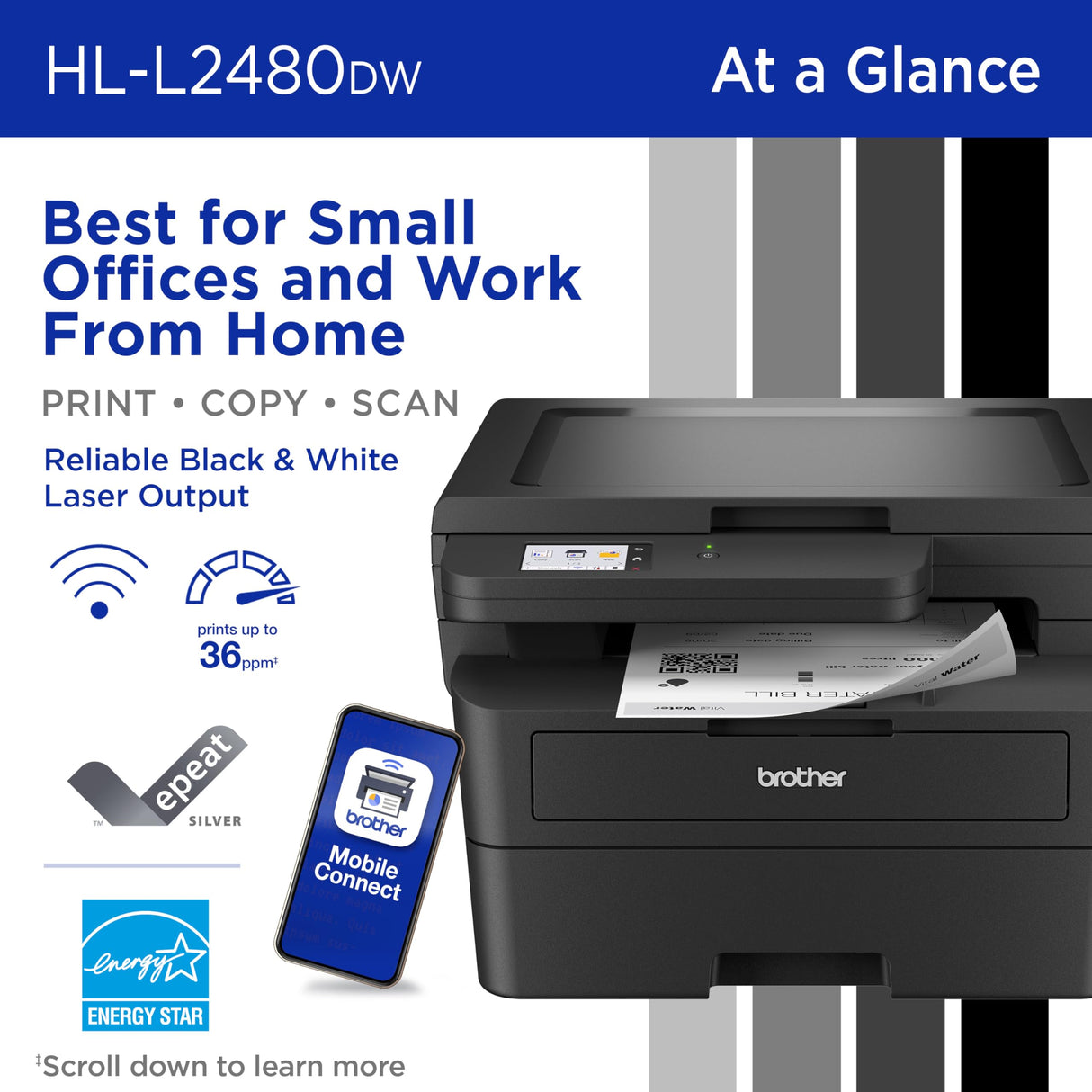 Brother HL-L2480DW Wireless Compact Monochrome Multi-Function Laser Printer with Copy and Scan, Duplex, Mobile, Black & White | Includes Refresh Subscription Trial(1), Amazon Dash Replenishment Ready Brother