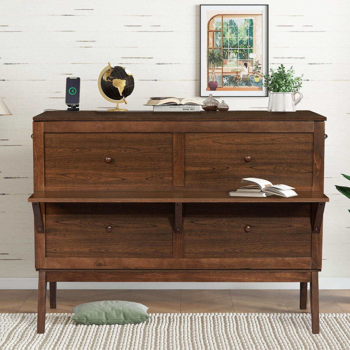 DNChuan Queen Size Murphy Cabinet Bed with Desk and USB-Port,Foldable Murphy Chest Dresser Bed with Removable Shelves on Each Side for Guest Room,Small Space-Walnut DNChuan