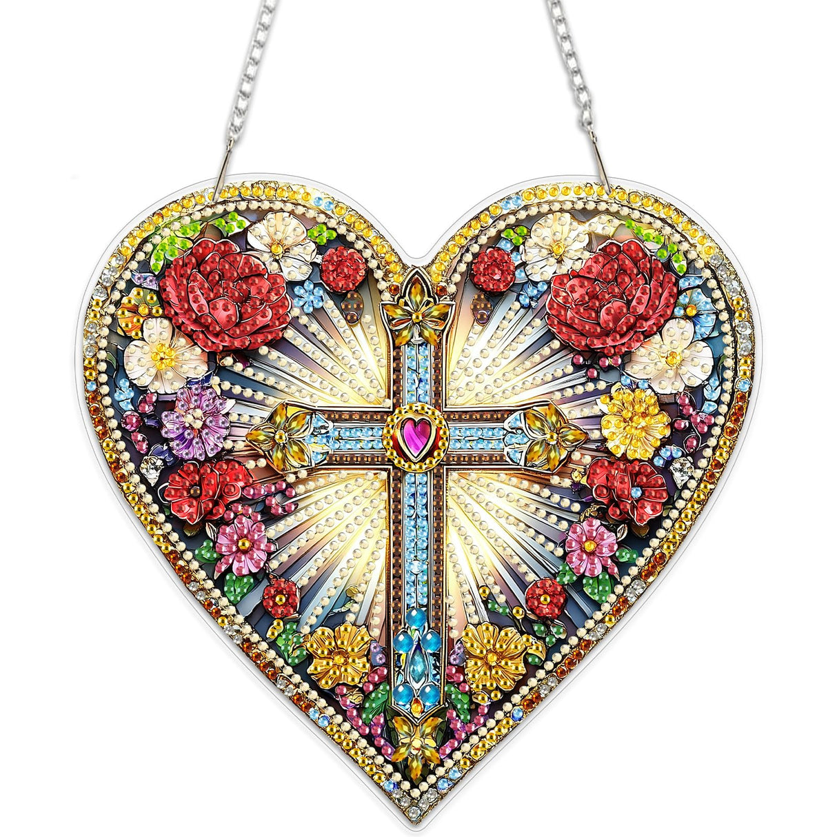 MEIYUDA Cross Diamond Painting Pendant Kits, DIY Heart Cross Special Shaped Diamond Art Hanging Kits for Adults, 5D Crystal Diamonds Painting Acrylic Pendant Ornamen for Home Decoration MEIYUDA