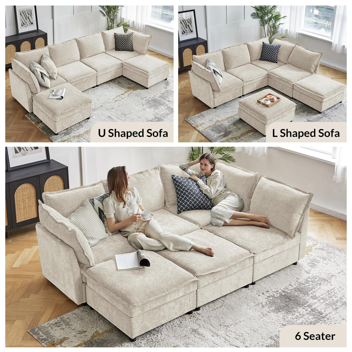 HULALA HOME Modular Sectional Sofa, Oversized 8 Seat U Shaped Couch with Storage Ottoman, Comfy Chenille Sofa with Deep Seat, Convertible Sectional Couches for Living Room, Beige HULALA HOME