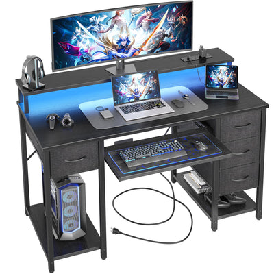 TIQLAB Computer Desk with Drawers and Power Outlets, 47 Inch Gaming Desk with LED Lights, Home Office Desk with Monitor Stand and Keyboard Tray, Study Writing Work Desk for Home Office, Black