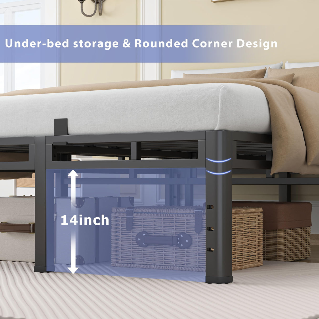 NKZ 18 Inch King Size Bed Frame, Metal Bed Frame & Box Spring 2 in 1 Platform with Round Corner Legs, 4000Lbs Heavy Duty Metal Frame, Mattress Slide Stopper, Headboard Hole, Noise-Free, Easy Assembly NKZ