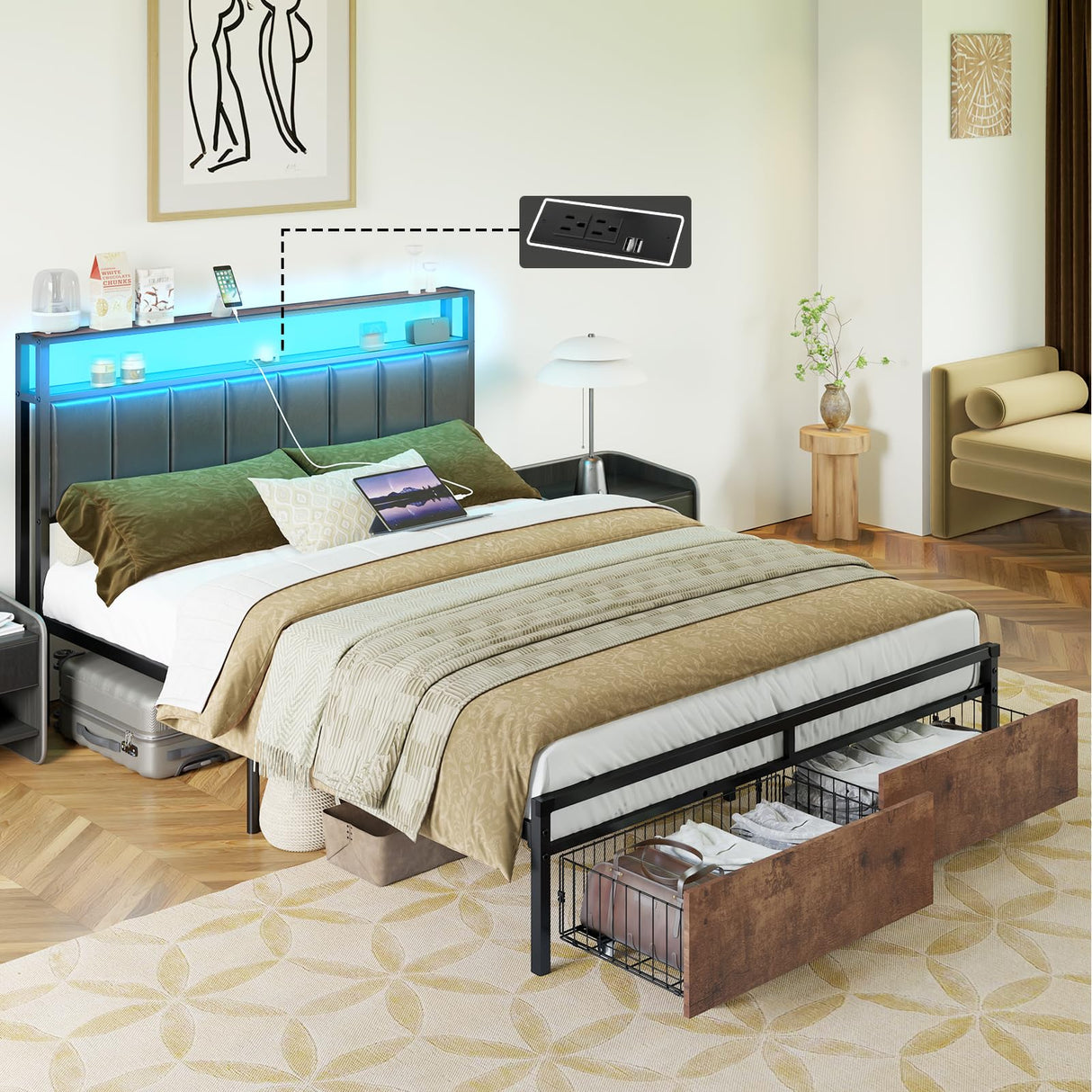 AMERLIFE Rustic Brown LED Platform Bed Frame with Storage Drawers & Charging Station Headboard AMERLIFE