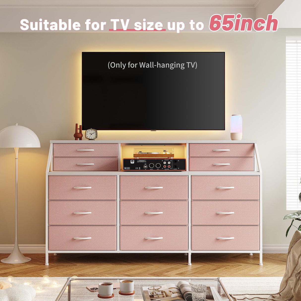 EnHomee 55”W Dresser for Bedroom, Pink Dresser for Bedroom, Dresser with 13 Large Drawer, Dressers & Chests of Drawers, Bedroom Dresser with 2 Shelves, Long Dresser for Closet EnHomee