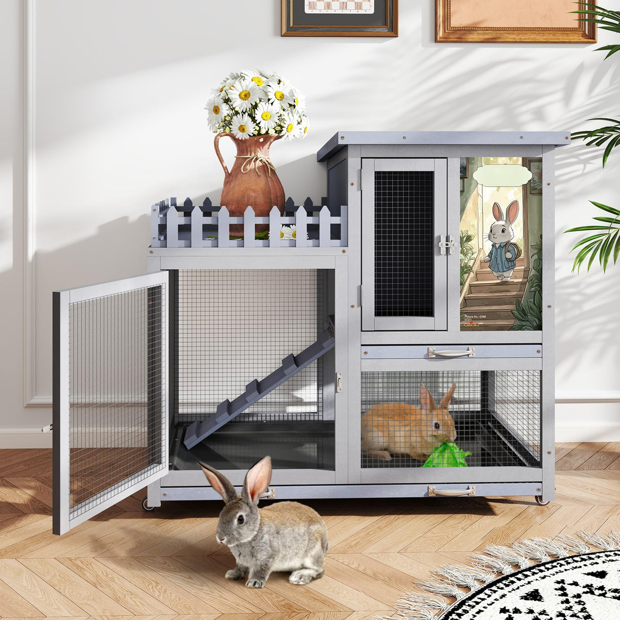 cozivvovv Wood Rabbit Hutch with Balcony - Small Animal House Bunny Cage on Wheels for Indoor Outdoor, Rabbit Cage Included Ramp, Pull Out Tray, (Grey with Pattern) COZIVVOVV