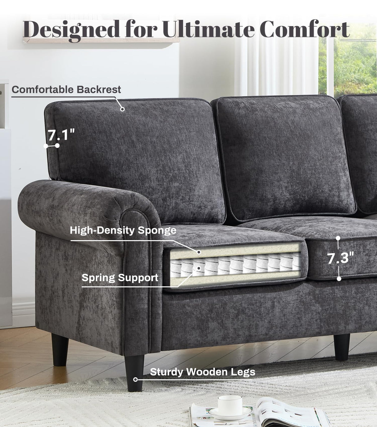 Kingfun 3 Seater Couch, Mid Century Modern Sofa with Rolled Arms and Deep Seats, Fluffy Comfort for Living Room, Apartment, Easy Assembly, Gray Kingfun