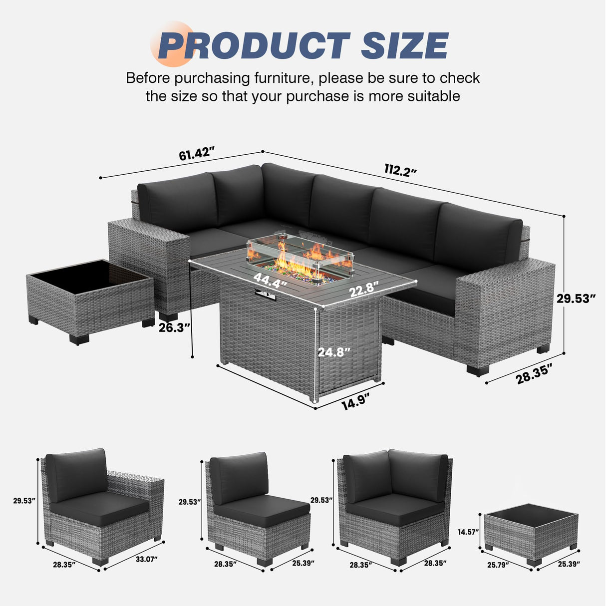 Amopatio Outdoor Sectional with Fire Pit Table, 8 Inch Armrest Patio Furniture Set with Waterproof Cover for Garden Backyard, 4'' Thickened Cushion Amopatio