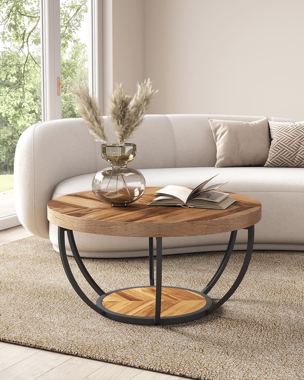LITTLE TREE Round Coffee Table, 32" Circle Coffee Table for Living Room, 2-Tier Wood Accent Center Table with Open Storage Industrial Design Home Furniture (Wood Grain and Black) LITTLE TREE