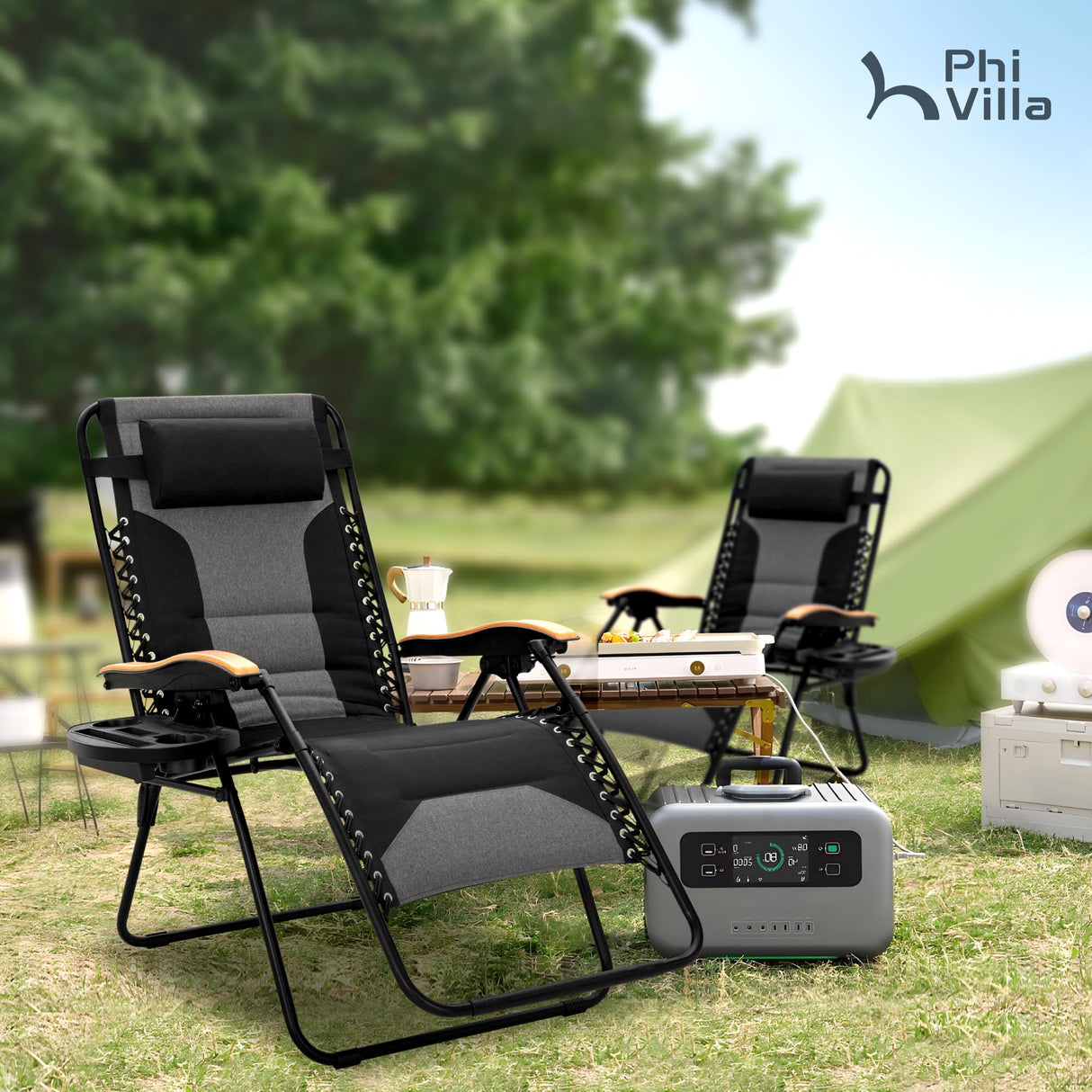 PHI VILLA XXL Oversized Padded Zero Gravity Chair, Foldable Patio Recliner, 30" Wide Seat Anti Gravity Lounger with Cup Holder, Support 400 LBS (Black) PHI VILLA