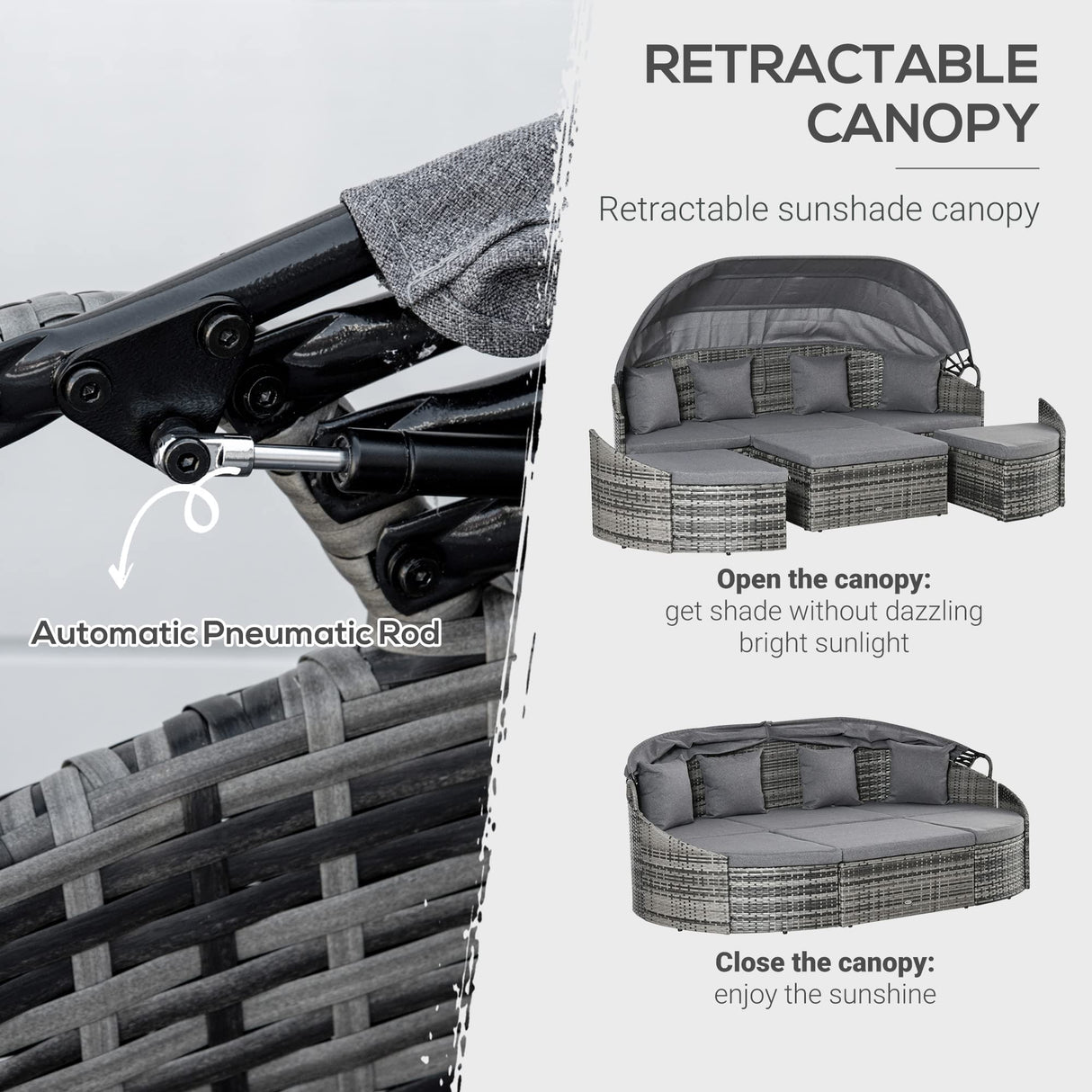 Outsunny 4-Piece Outdoor Rattan Furniture Set, Round Convertible Patio Daybed or Sunbed, Sectional Sofa with Canopy, Pillows, Cushions, Footrest, Table, PE Plastic Wicker, Gray Outsunny