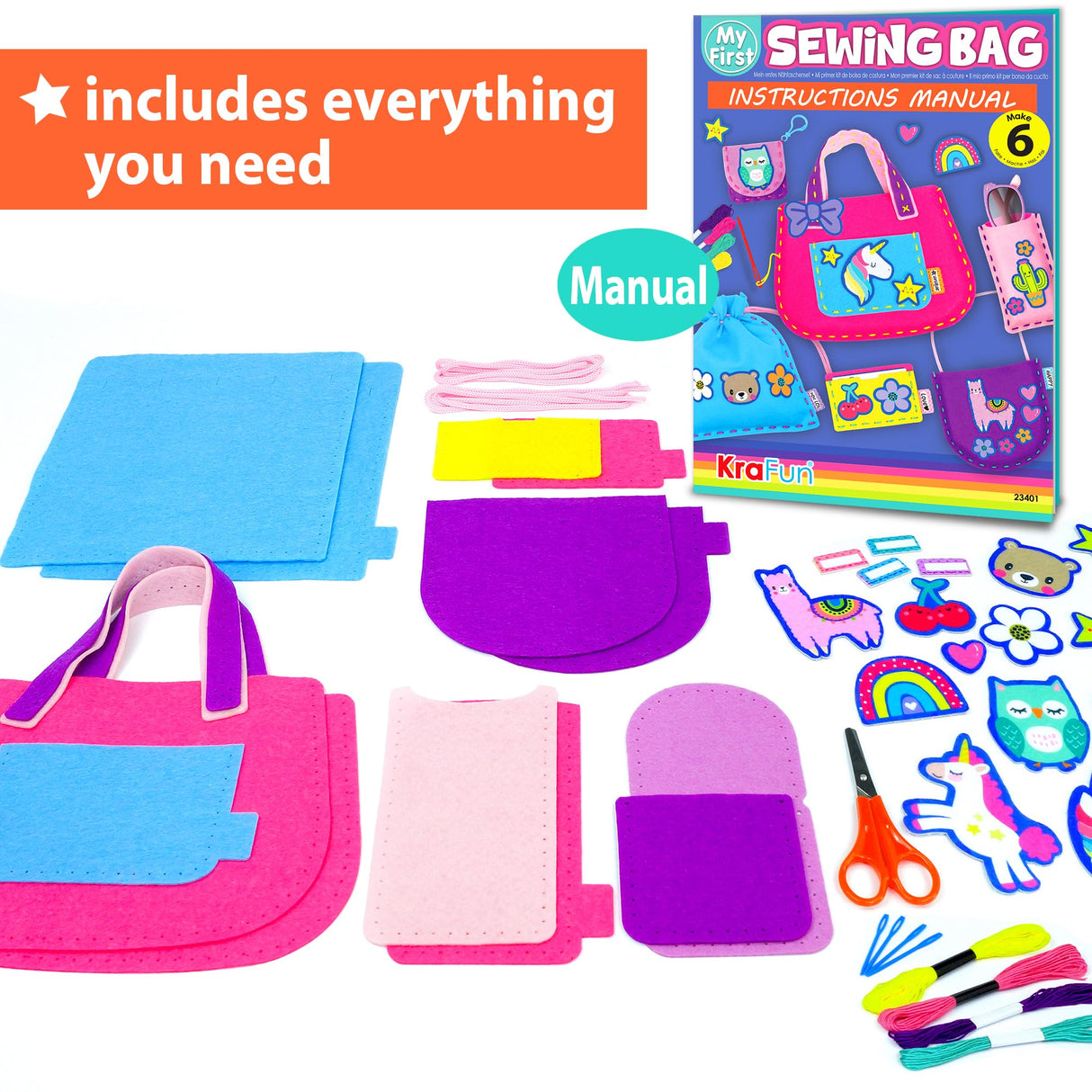 KRAFUN My First Sewing Bag Kit Arts & Crafts for Beginner Kids, 6 Easy DIY Sewing Handbag Pouch Sleeve Projects of Animal Theme, Instructions Learn to Sew & Felt Embroidery, Gift for Girls, Boys KRAFUN