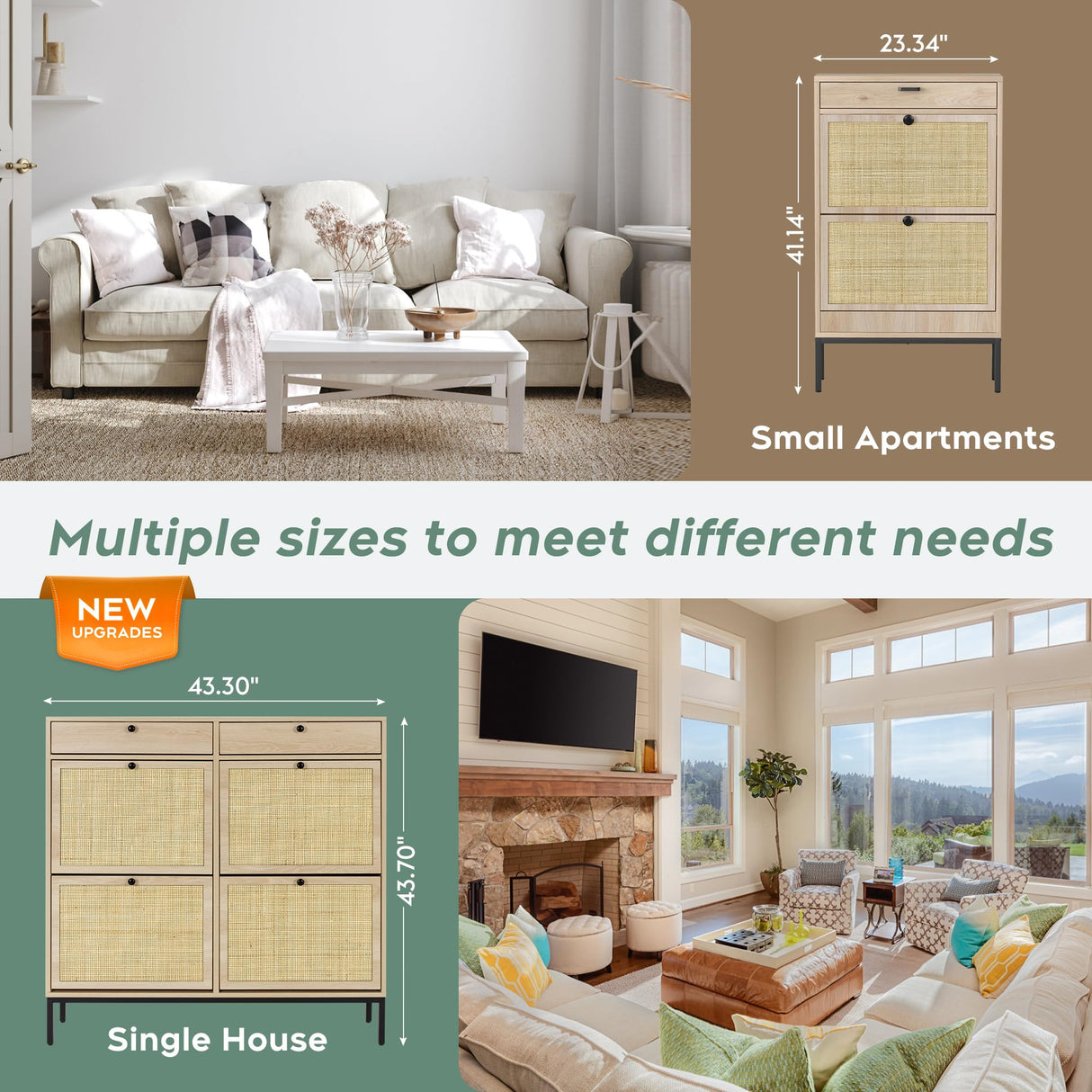 Brafab Freestanding Shoe Cabinet with 4 Flip Drawers, Natural Rattan Shoe Storage Organizer, Slim Shoe Storage for Entryway, Hallway Brafab