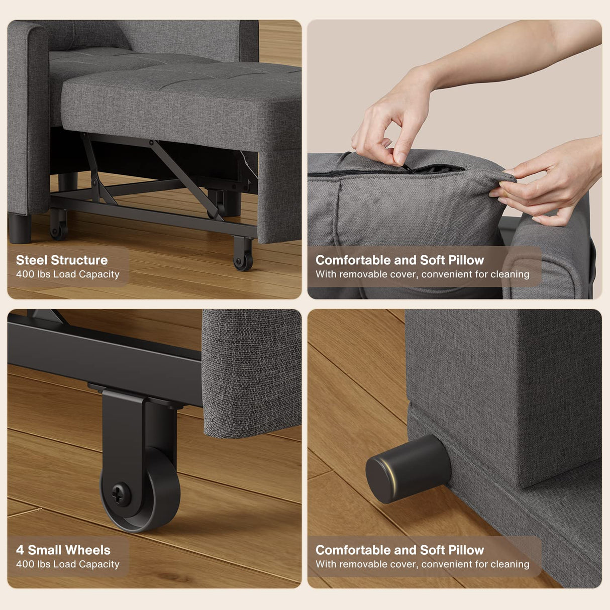 Noelse Convertible Futon Sofa Bed, 3-in-1 Multi-Functional Sleeper Chair Bed, Adjustable Backrest Recliner with Modern Linen Fabric for Living Room Bedroom Apartment Small Space, Dark Grey Noelse