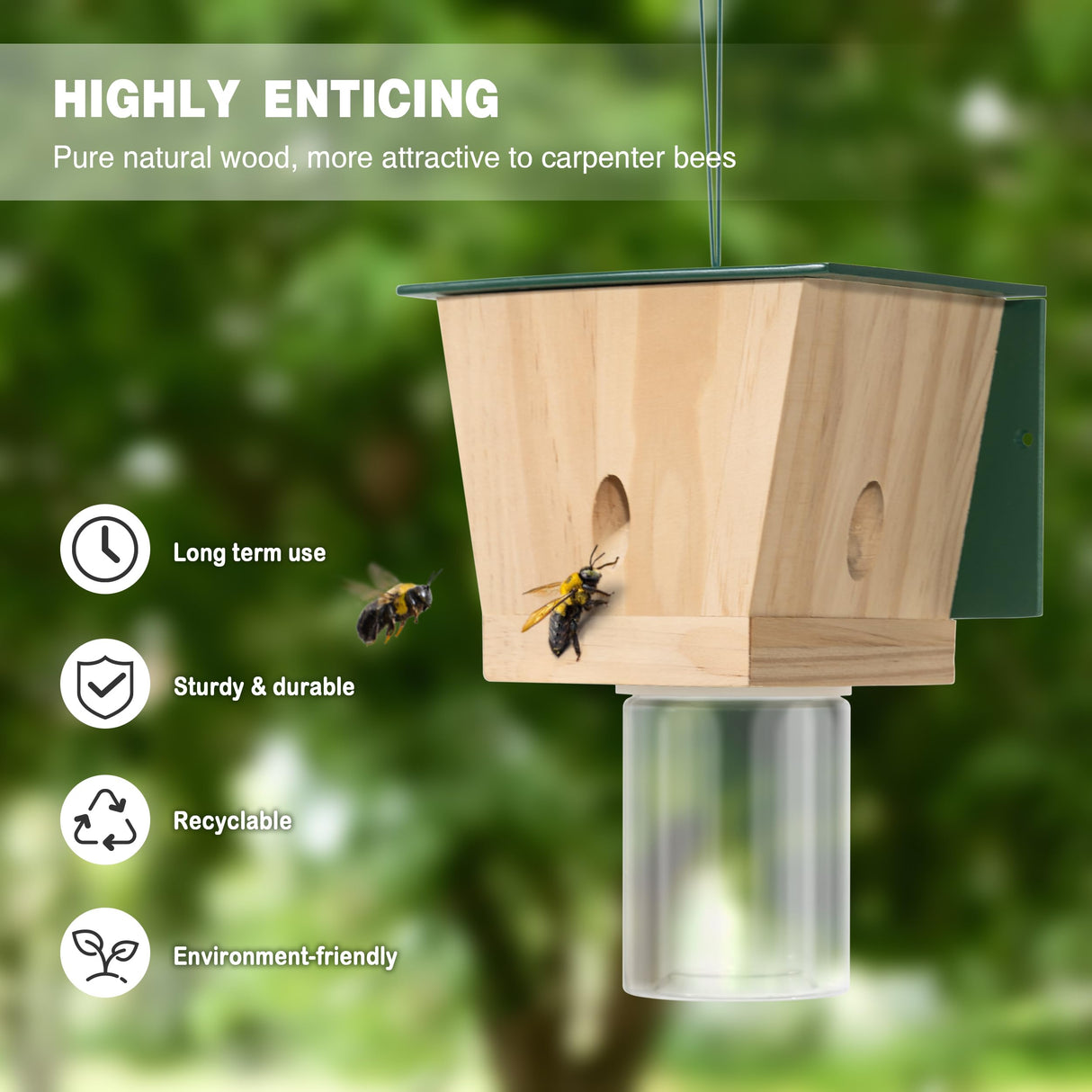 Carpenter Bee Trap for Outside - Green Pentroof Shed Style Nature Hanging Wood Carpenter Bee Traps Outdoor - Best Bee Trap - Insect Traps with Removable Vault (1 Pack) Best Bee Trap