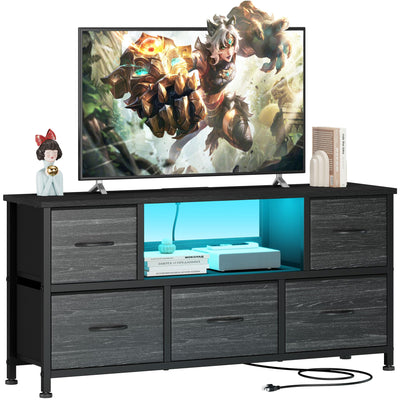 Lulive TV Stand Dresser for Bedroom with LED Light, Entertainment Center for 55 inch TV, 5 Drawer Dresser TV Stand with Power Outlets, Adjustable Feet for Living Room Bedroom, Charcoal Black