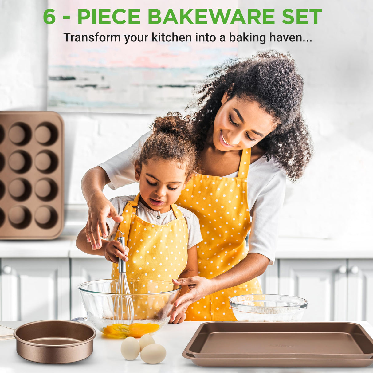 NutriChef 6-Piece Nonstick Bakeware Set, Carbon Steel Baking Pans, Includes Cookie Trays, Wide & Square Bake Pan, Bread Loaf & Round Cake Pan, Muffin Pan - Gold NutriChef