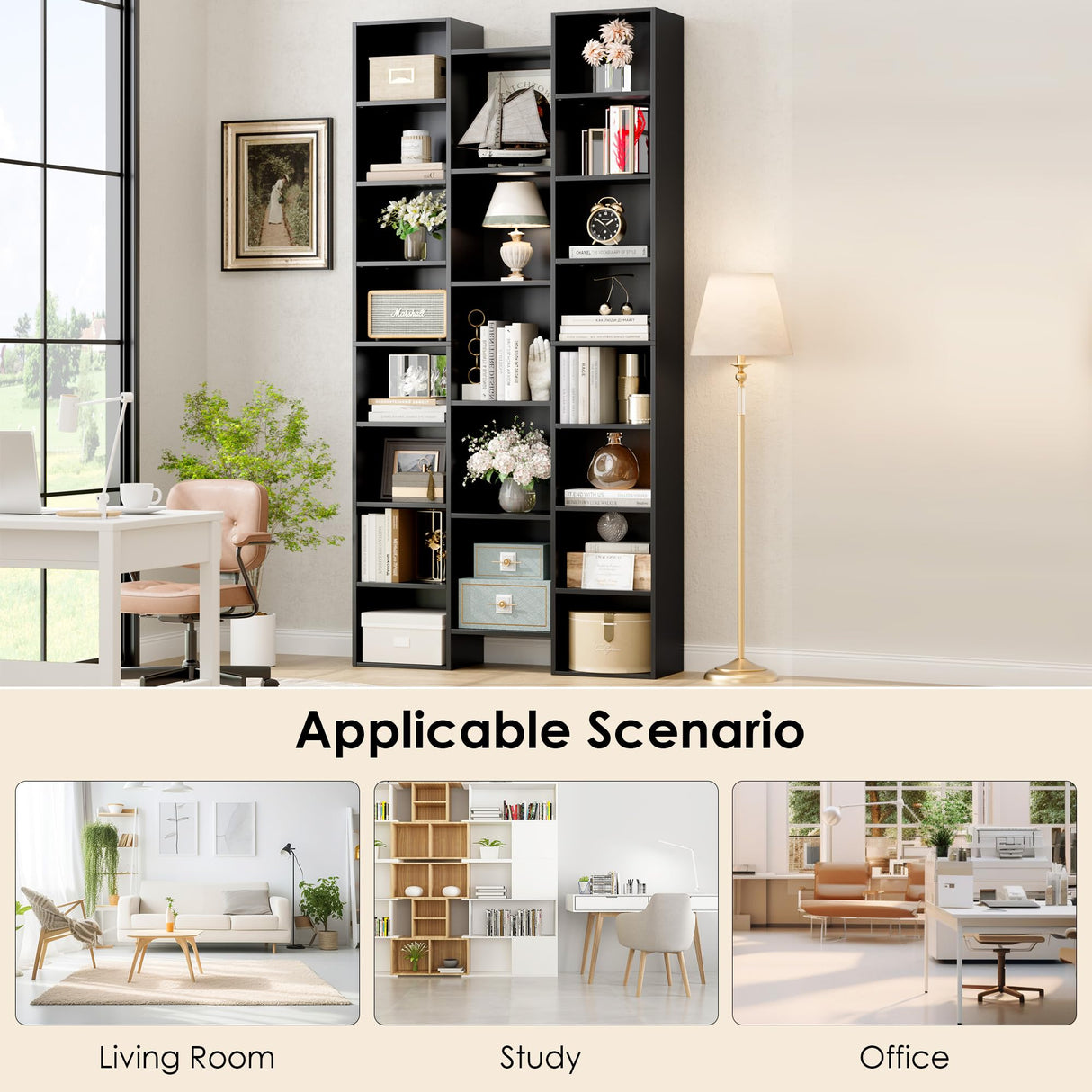 FOTOSOK Triple Wide 71" Tall Black Media Storage Tower with Adjustable Shelves FOTOSOK