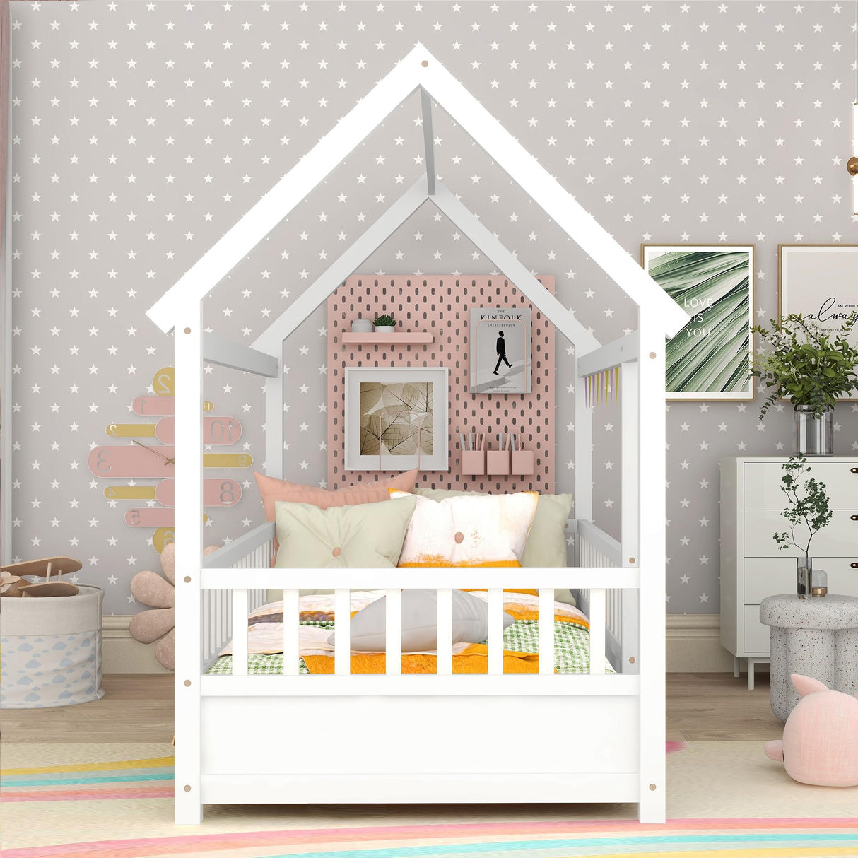 Kids Montessori Bed Twin Size, Twin Floor Bed with High Fence, House Bed for Kids, Girls, Boys, Wood Montessori Floor Bed Without Slats(White Twin) Bellemave