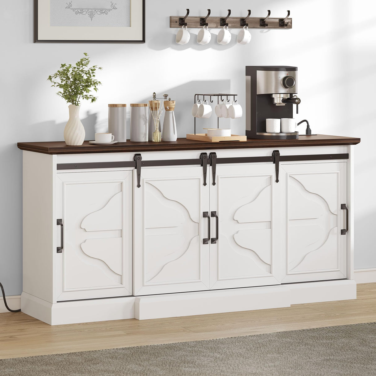 DWVO 63'' Buffet Storage Cabinet, 32'' Tall Farmhouse Sideboard Cabinet with Power Outlets and Sliding Doors, Large Coffee Bar Cabinets for Kitchen, Living Room, White/Brown DWVO