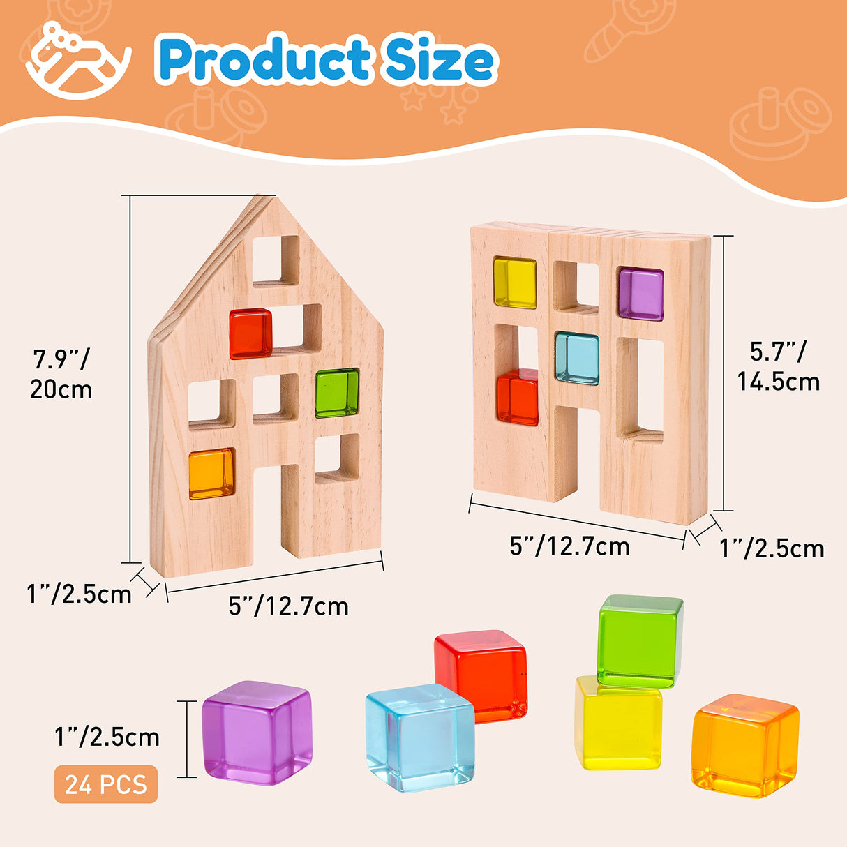 Woodtoe Montessori Weaning Table and Chair Set for Toddler, Natural Solid Wooden Kids Table Cube Chair for Boy Girl, with Rainbow Acrylic Gem Cubes Blocks, 24 PCS Montessori Wooden Building Blocks Set Woodtoe