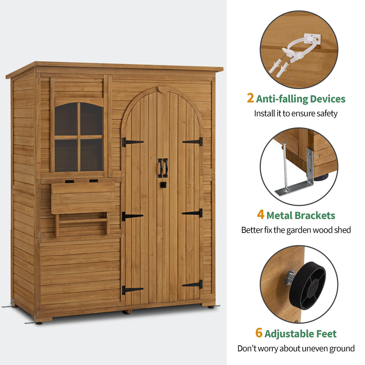 MCombo Outdoor Storage Cabinet, Outside Wooden Storage Cabinet with Waterproof Asphalt Roof and 3 Shelves, Tall Tool Shed with 1 Foldable Table for Yard, Garden, Patio, Lawn 1815 MCombo